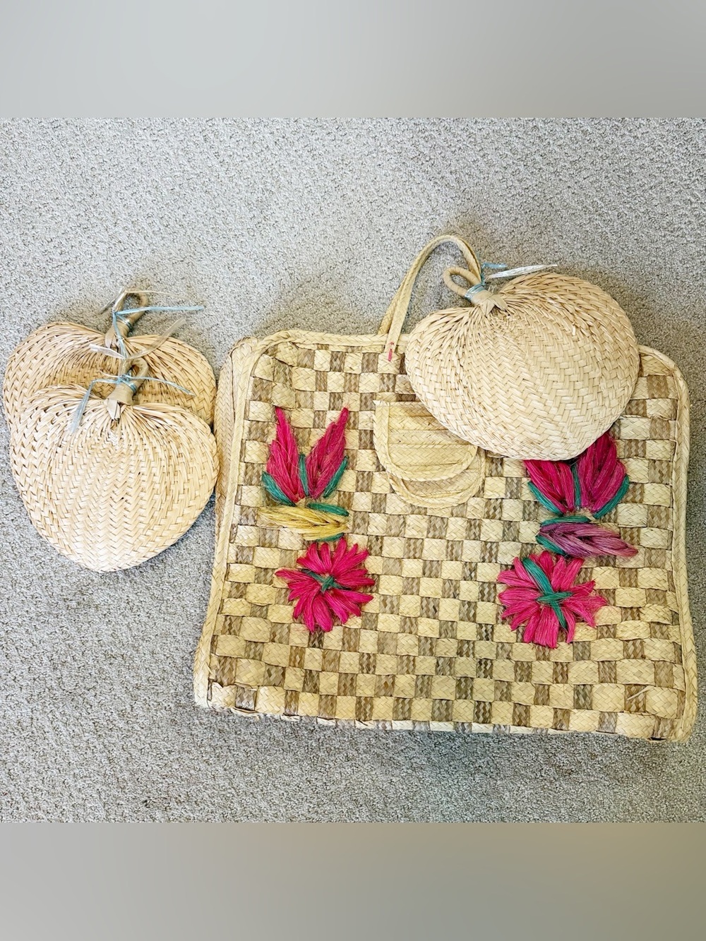 Vintage 1960's Woven Straw Tote XL Embroidered Floral Folk Art Bag w/Straw Fans